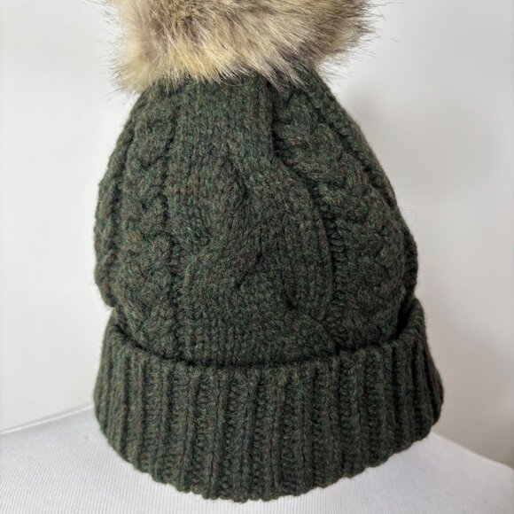 Pendleton Hat Wool Blend Cable Knit Beanie w/ Faux Fur Pom Pom O/S Olive Green - Picture 6 of 8